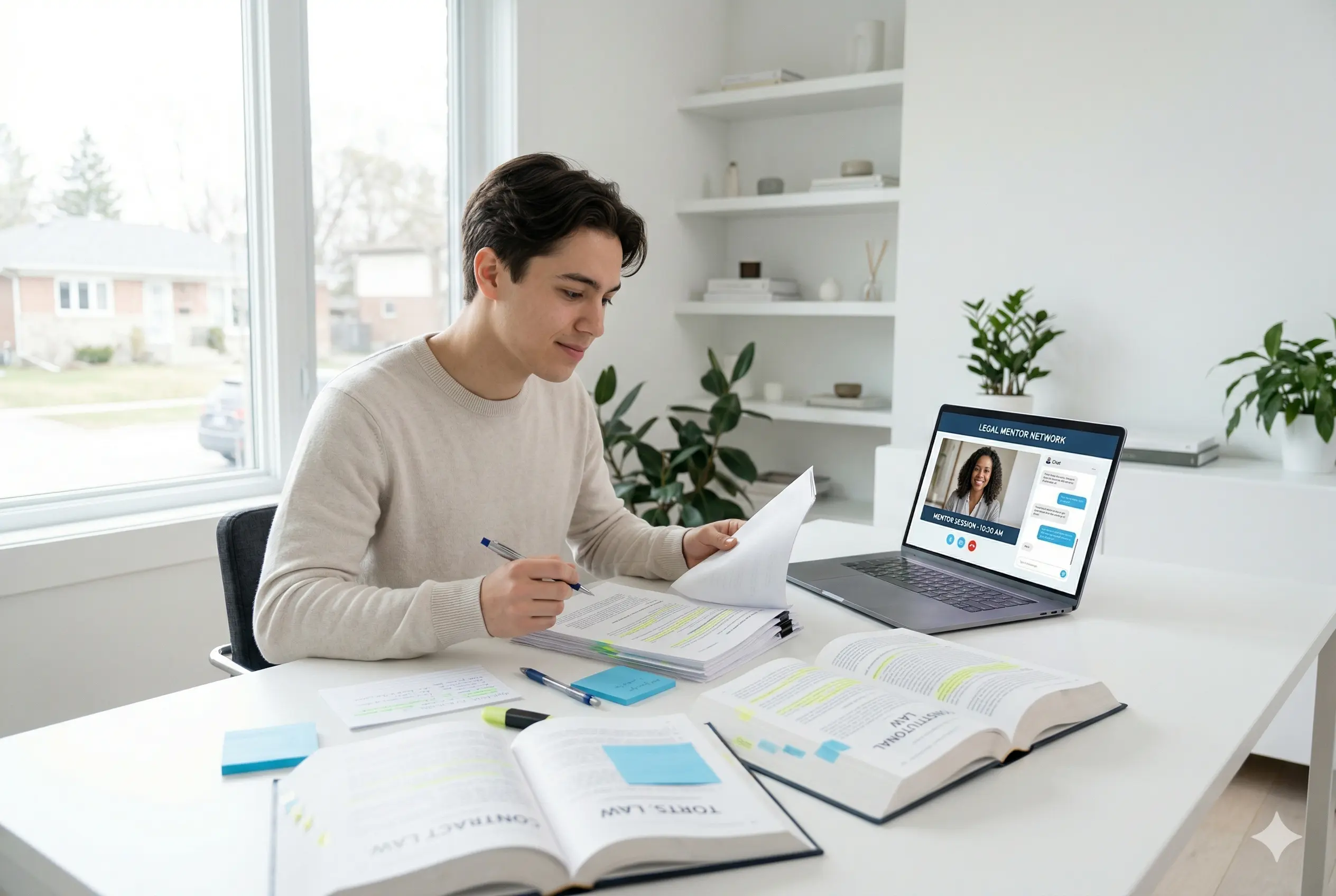 Estudiante joven concentrado preparando su examen con apuntes y notebook en escritorio iluminado